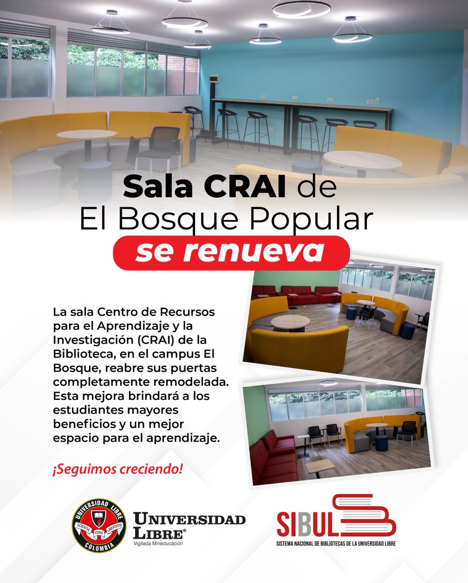 ¡La Sala CRAI está de vuelta!  📚

Ahora con un espacio más cómodo, moderno y funcional para que estudies, investigues y compartas. 

#BibliotecaGerardoMolina #ElBosquePopular #CRAIrenovado