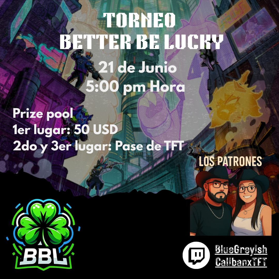BBL Esports (@bbl_tft) on Twitter photo Torneo Abierto del Set 14 - Sabado 21 de junio 5 pm
Cupo 128 jugadores
Formato de eliminación directa
Discord del torneo: discord.gg/eVJJ87Yx
Inscripción: forms.office.com/r/sszwNsavfG
Nuestros casters: <a href="/CalibanxTft/">CalibanxTft</a> <a href="/bluegreyish_/">Gris Aviles</a> 🌟 Torneo Abierto del Set 14 - Sabado 21 de junio 5 pm
Cupo 128 jugadores
Formato de eliminación directa
Discord del torneo: discord.gg/eVJJ87Yx
Inscripción: forms.office.com/r/sszwNsavfG
Nuestros casters: <a href="/CalibanxTft/">CalibanxTft</a> <a href="/bluegreyish_/">Gris Aviles</a> 🌟