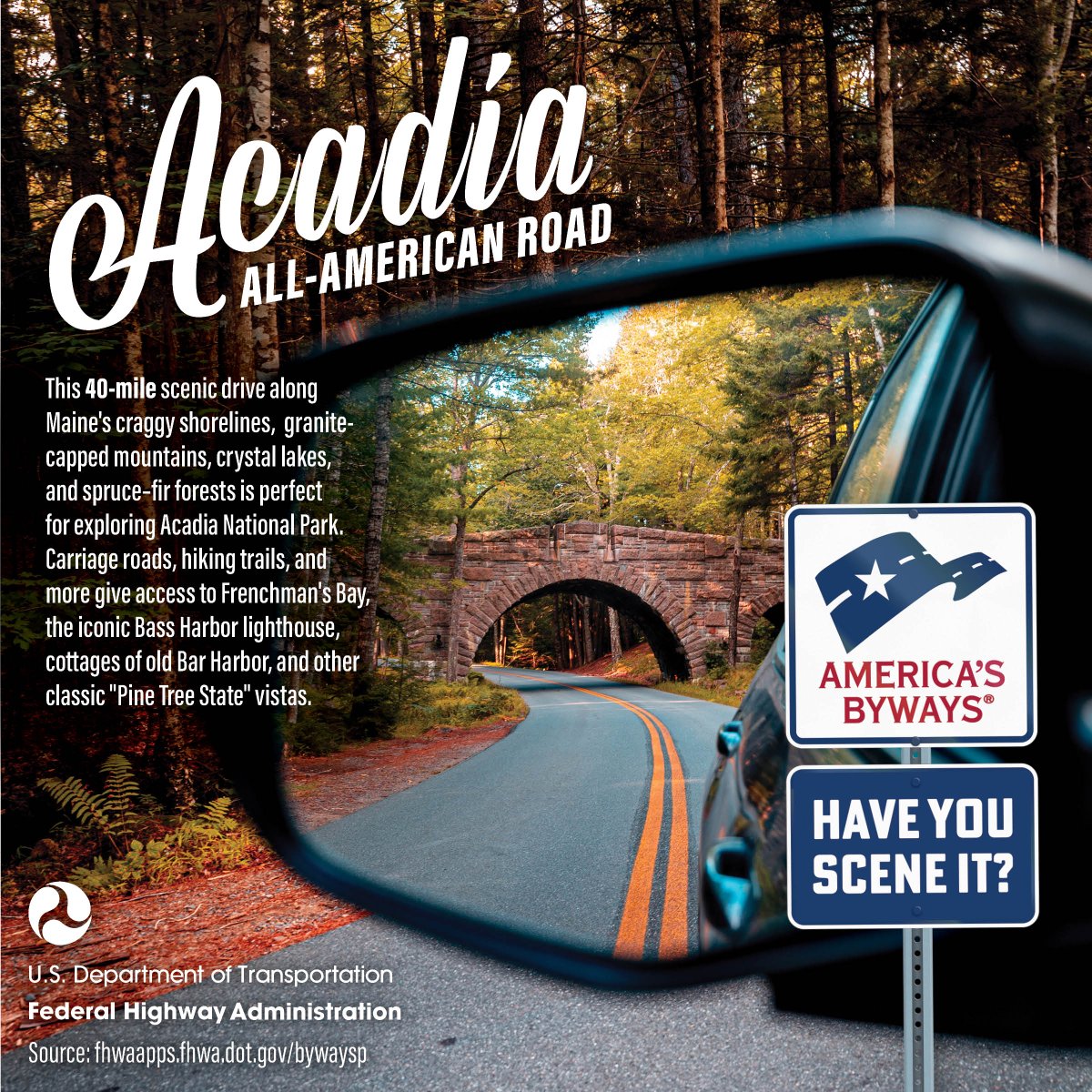 Are you going on a Great American Road Trip this summer?  Our beautiful nation has 184 designated All-American Roads and Scenic Byways to choose from, each of which offers an exceptional travelling experience!  For example, Acadia National Park features a 40-mile scenic drive