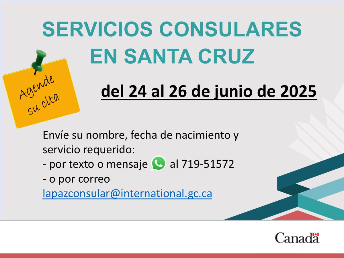 📢 Para los #Canadienses en Santa Cruz.

Si necesita servicios #consulares, visitaremos la ciudad de #SantaCruz del 24 al 26 de junio de 2025.
Contáctenos: lapazconsular@international.gc.ca

Tenga en cuenta que las visas no forman parte de nuestros Servicios Consulares.