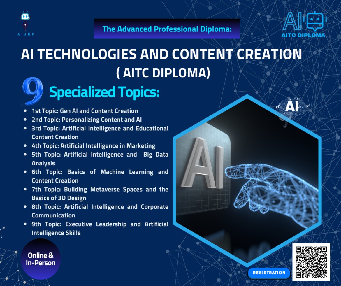The Advanced Professional Diploma:  AI Technologies and Content Creation ( AITC Diploma)

AITC Diploma: We Create Intelligent Environments for Education, Media, and Government Service

AITC Diploma  is an advanced version of the previous first professional diploma: Artificial
