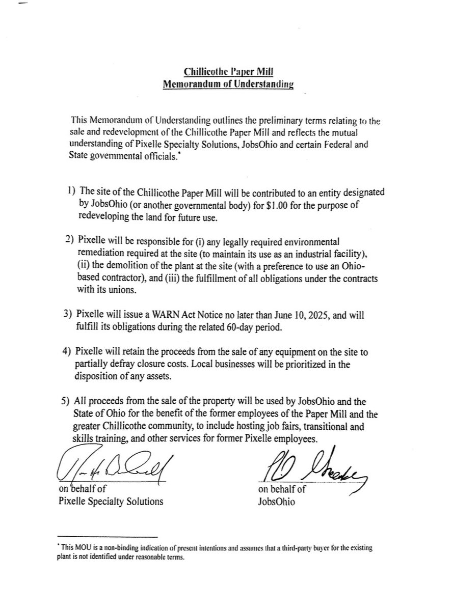 NatalieFahmy's tweet image. Memo of Understanding between Pixelle (owner of the Chillicothe Paper Mill) & JobsOhio, in light of the news that the mill will close in August.
Proceeds from the sale of the property will be used to benefit former employees of the Paper Mill and the Chillicothe community: