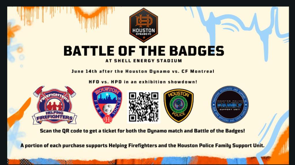 Houston Firefighters (@firefightershou) on Twitter photo Join Firefighters Helping Firefighters for First Responders Night with <a href="/HoustonDynamo/">Houston Dynamo FC</a>, Sat, June 14!
⚽️ Dynamo vs. Montreal – 7:30 PM
🚨 Post-match: HPD vs. HFD for Battle of the Badges!
🎟️ Tickets support <a href="/HoustonFire/">Houston Fire Dept</a>'s Firefighters Helping Firefighters: pa.exchange/marketplace/c6… Join Firefighters Helping Firefighters for First Responders Night with <a href="/HoustonDynamo/">Houston Dynamo FC</a>, Sat, June 14!
⚽️ Dynamo vs. Montreal – 7:30 PM
🚨 Post-match: HPD vs. HFD for Battle of the Badges!
🎟️ Tickets support <a href="/HoustonFire/">Houston Fire Dept</a>'s Firefighters Helping Firefighters: pa.exchange/marketplace/c6…