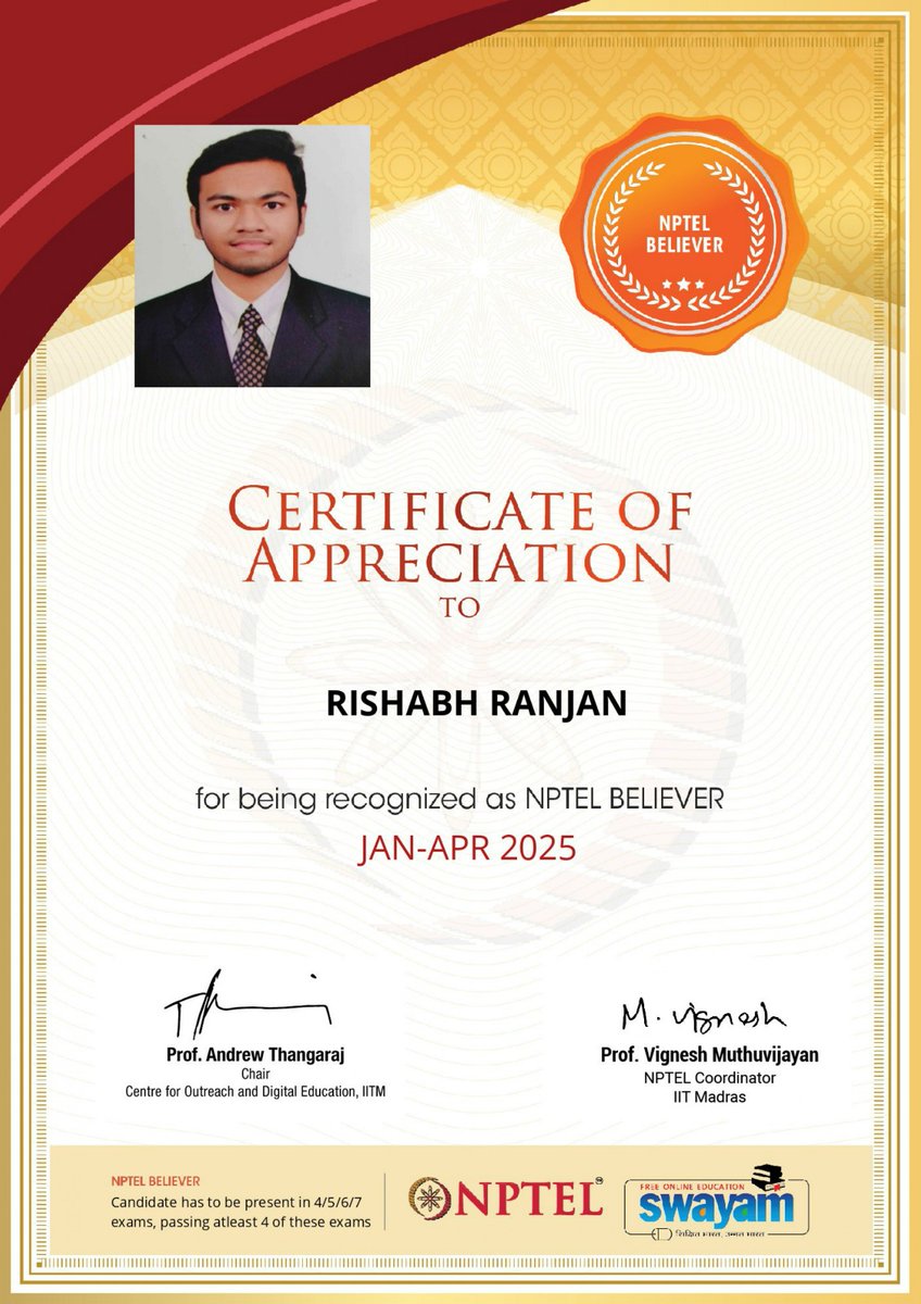 acscebangalore's tweet image. 🎉 Kudos to Rishabh Ranjan (USN: 1AH23CS123) from #ACSCE #CSEDept for earning the titles of 🏅NPTEL Believer &amp;amp; 🌟Discipline Star (Jan–Apr 2025)! Your dedication is inspiring! 🚀 #NPTEL2025 #StudentAchievement #EngineeringExcellence #StudyAtACSCE