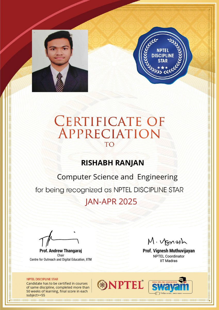 acscebangalore's tweet image. 🎉 Kudos to Rishabh Ranjan (USN: 1AH23CS123) from #ACSCE #CSEDept for earning the titles of 🏅NPTEL Believer &amp;amp; 🌟Discipline Star (Jan–Apr 2025)! Your dedication is inspiring! 🚀 #NPTEL2025 #StudentAchievement #EngineeringExcellence #StudyAtACSCE