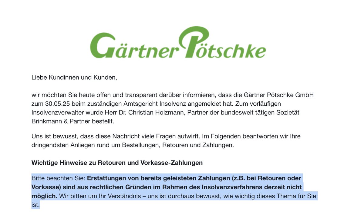 Na toll. Es jagt ja sowieso eine Insolvenz die andere, schlimm genug. Aber nun hat es mich indirekt mit erwischt: Ich hatte Pflanzen bestellt und natürlich per Vorkasse bezahlt. 

Die Pflanzen kamen nicht, dafür diese Nachricht. ⬇️ Das Geld ist also nicht weg, es ist nur woanders