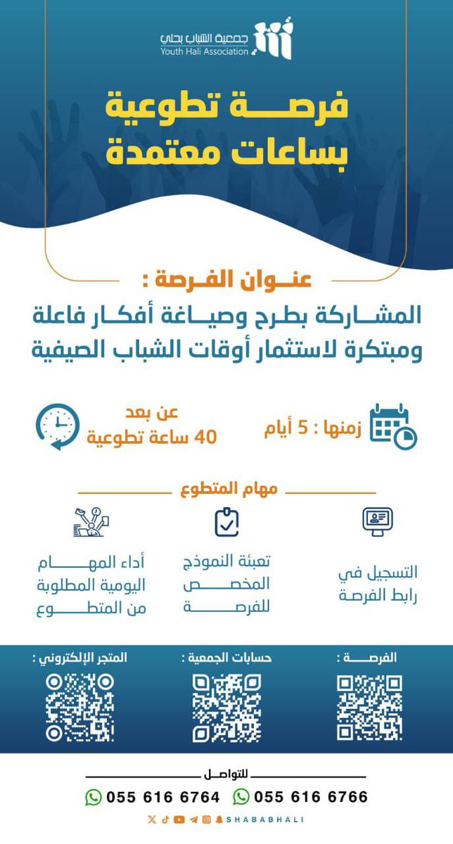 المشاركة بطرح وصياغة أفكار فاعلة ومبتكرة لاستثمار أوقات الشباب الصيفية nvg.gov.sa/public/vol-opp… #المشاركة بطرح وصياغة أفكار فاعلة ومبتكرة لاستثمار أوقات الشباب الصيفية