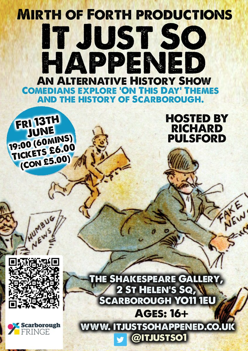 It Just So Happened - an alternative history show (@itjustso1) on Twitter photo It Just So Happened comes to The Scarborough Fringe this weekend with a show at The Shakespeare Gallery on Friday 13th June. On the panel are comedians <a href="/Denzileo/">Denzil de Cristo</a> and Bryan Ghosh, and local heritage expert John Oxley. Hosted by <a href="/RichardPulsford/">Richard Pulsford at Edinburgh Fringe 1st-25th Aug</a>.
Tickets: bit.ly/4jCoHyHand It Just So Happened comes to The Scarborough Fringe this weekend with a show at The Shakespeare Gallery on Friday 13th June. On the panel are comedians <a href="/Denzileo/">Denzil de Cristo</a> and Bryan Ghosh, and local heritage expert John Oxley. Hosted by <a href="/RichardPulsford/">Richard Pulsford at Edinburgh Fringe 1st-25th Aug</a>.
Tickets: bit.ly/4jCoHyHand