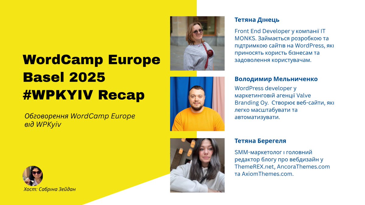 🇺🇦 #WordPress
Gathering together to share our impressions from this year's edition #WCEU
Tomorrow, Thu 12th
Tetyana Dinets, Volodymyr Melnychenko, Tetyana Beregelya will share their experiences 
In Ukrainian 
RSVP here: meetup.com/wpkyiv/events/…
<a href="/sabrina_zeidan/">Sabrina Zeidan WordPress Performance Engineer 🇺🇦</a> is hosting
#WPKyiv
