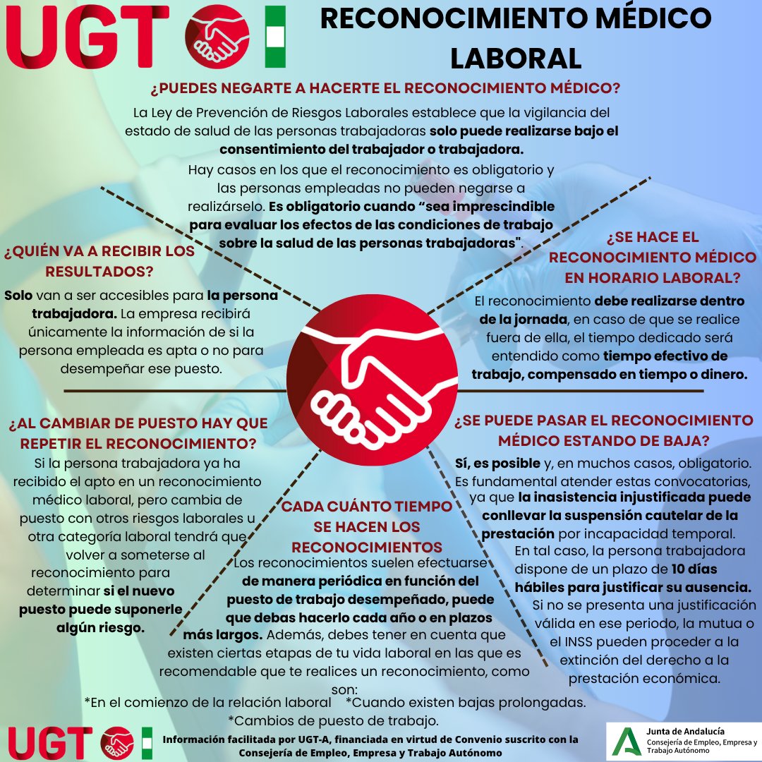 🏥 ¿Tienes dudas sobre el reconocimiento médico laboral?
🔹 ¿Es obligatorio?
🔹 ¿Se hace en horario de trabajo?
🔹 ¿Quién ve los resultados?
🔹 ¿Qué pasa si cambias de puesto o estás de baja?

🔍Infórmate y defiende tus derechos laborales.
#SaludLaboral #UGT #ReconocimientoMédico