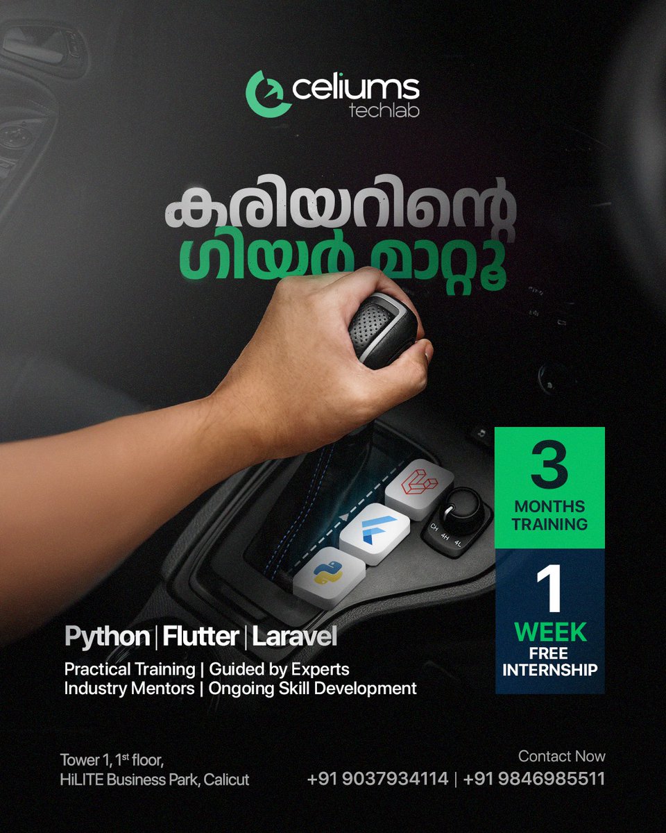 celiumstechlab's tweet photo. കരിയറിന്റെ ഗിയർ മാറ്റാം, ഇനി സ്റ്റെപ്പായിട്ട് നോക്കാം!

Join our expert-led training in Python, Flutter, or Laravel and shift your future into high gear.

✅ 3 Months Training

🎯 1 Week Free Internship

📍 Calicut | Celiums Techlab
#CareerShift #TechTraining #PythonCourse https://t.co/SITlUiBhZQ