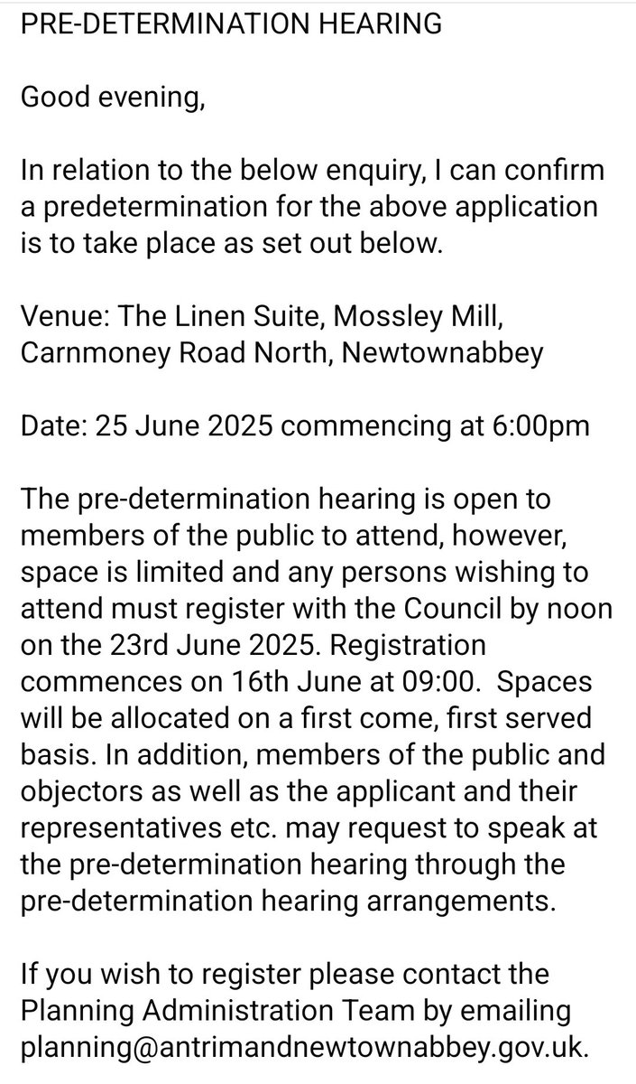PRE-DETERMINATION HEARING
            🗣 June 25th 6pm 🗣

Hopefully you can attend <a href="/foe_ni/">Friends of the Earth NI</a> <a href="/JamesAOrr/">James Orr</a> <a href="/JohnBlairAPNI/">John Blair MLA</a>
<a href="/SteveAikenUUP/">Dr Steve Aiken OBE</a>