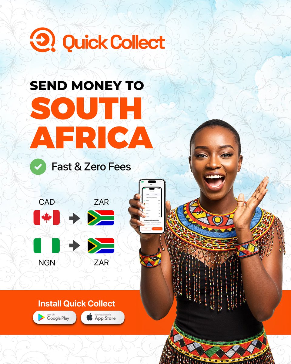 quickcollects's tweet photo. Sending money to South Africa from Nigeria or Canada?
Do it fast, safe, and with zero fees using Quick Collect ✅

✔️ NGN to ZAR &amp; CAD to ZAR
✔️ Instant transfers
✔️ No hidden charges
Download Quick Collect now🧡
#ZARTransfers #CADtoZAR #NGNtoZAR #NoTransferFees #riyadh #เพียงเธอ https://t.co/3oqckvRkLA
