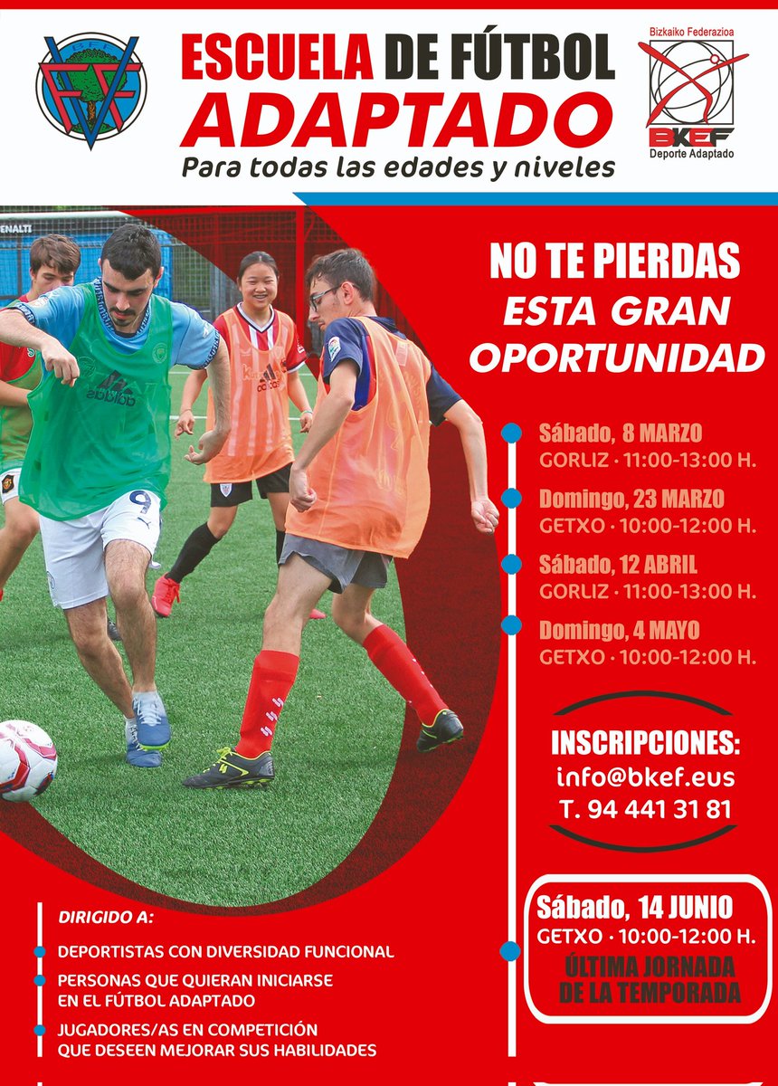 ⚽️ LA ESCUELA DE FÚTBOL INCLUSIVO CIERRA CAMPAÑA ⚽️

📅 Este sábado día 14 tendrá lugar la quinta y última jornada de la Escuela de Fútbol Inclusivo organizada por la Federación Vizcaína y la de Deporte Adaptado de Bizkaia.
🏟 Será en el campo de Bolue -Getxo-, de 10.00 a 12.00 h