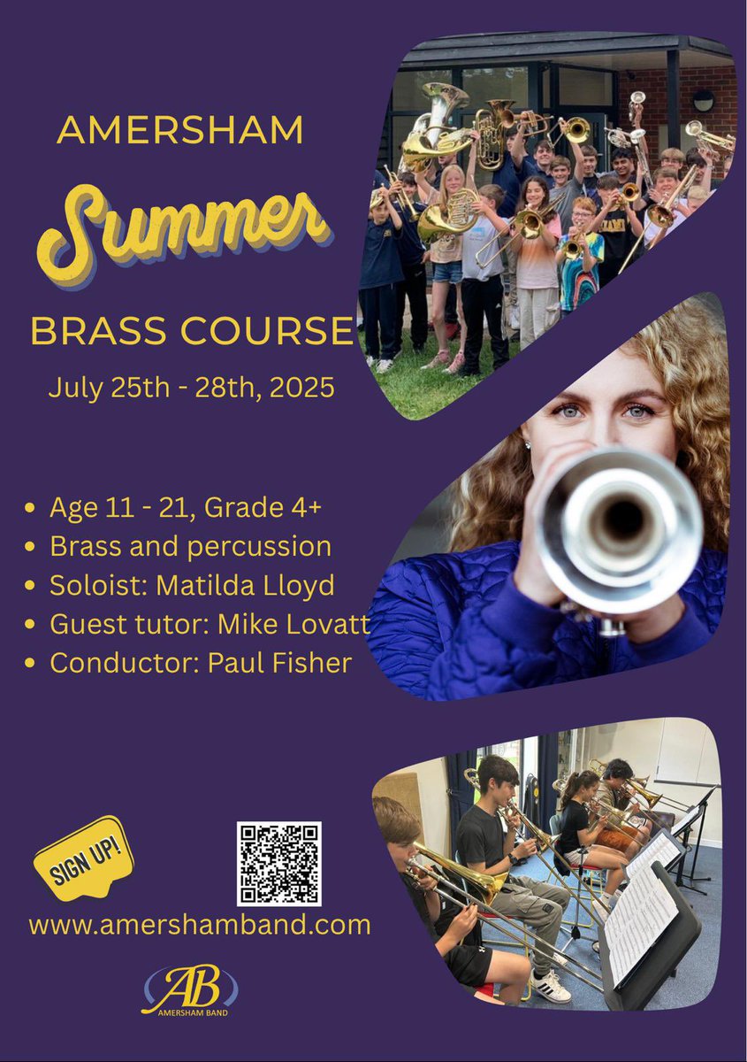 Calling all brass players between 11-21! Come and join me and a host of friends at the 2nd <a href="/amershamband/">Amersham Band</a> Summer Brass Course between 25th - 28th July!

We'll be joined on stage by the fabulous <a href="/matildalloydtpt/">Matilda Lloyd</a> for the end of course concert too!

Details:
amershamband.com