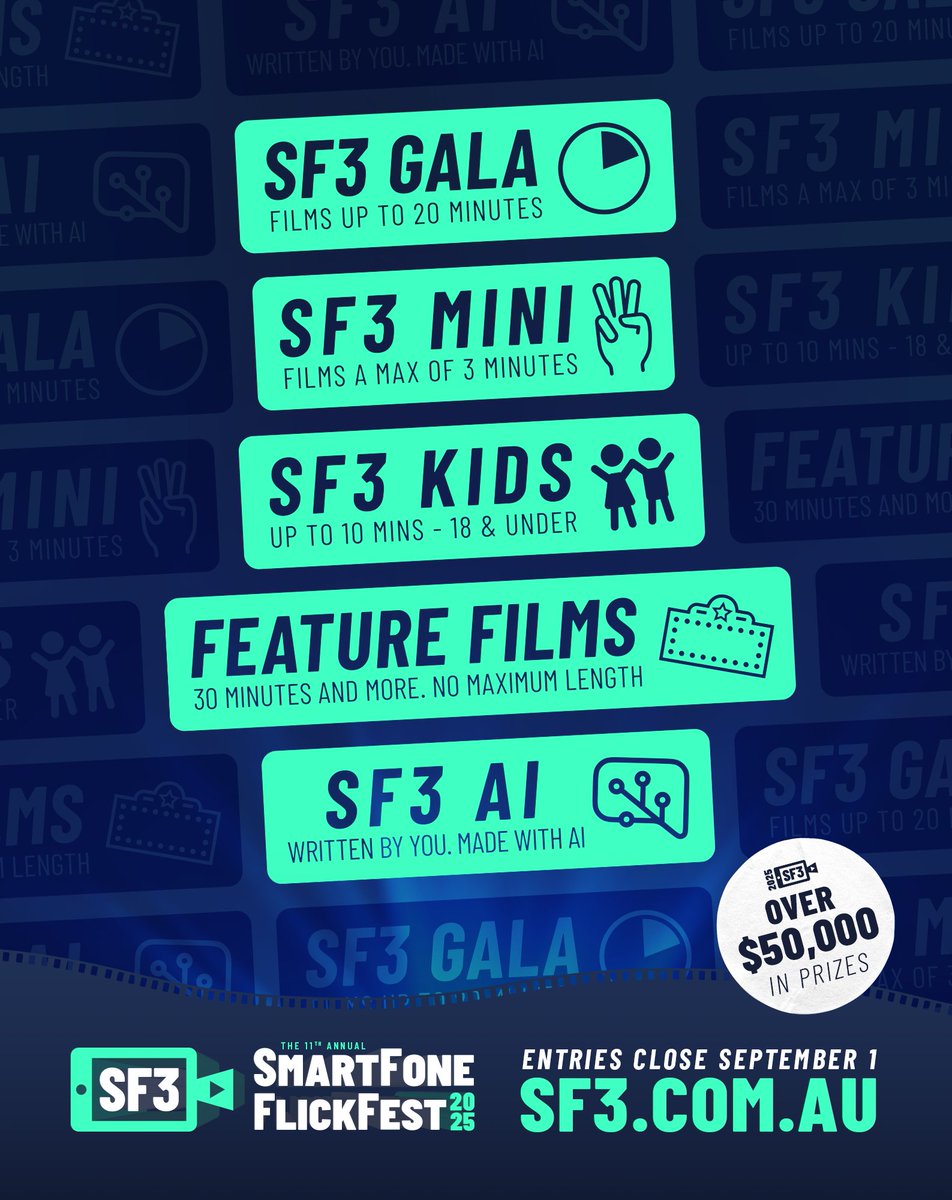 We have 5 categories this season:

SO pick up your phones and tablets and start shooting. Enter by September 1st to share in over $50,000 in prizes and screen at our 11th festival! sf3.com.au