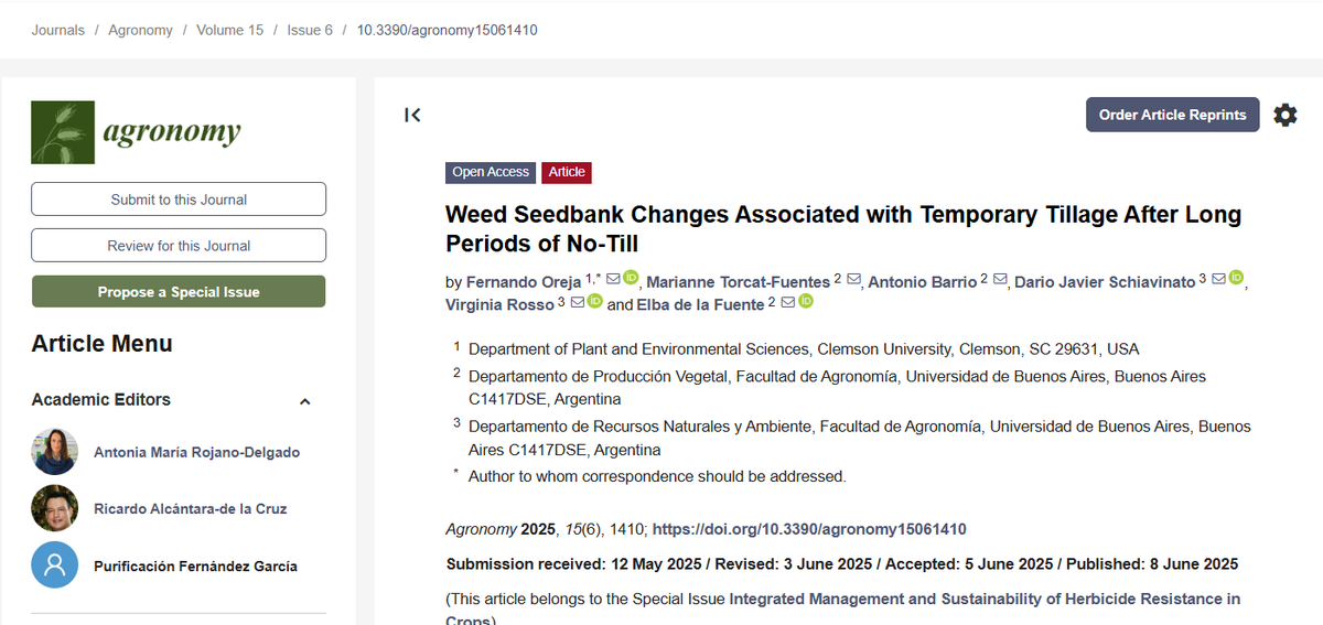 Nueva publicación en Agronomy: "Weed Seedbank Changes Associated with Temporary Tillage After Long Periods of No-Till". Muchos productores recurren al laboreo después de años de directa, entonces nos preguntamos ¿cómo afecta al banco de semillas y la comunidad de malezas?👇