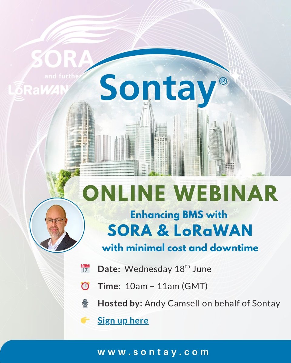 Want to learn more about LoRaWAN technology?

On 18th June, Sontay is hosting a free webinar discussing the benefits of our SORA wireless sensors, which use LoRaWAN!

We will guide you through how it can optimise your building performance.

Sign up here 👉 vimeo.com/event/5017515