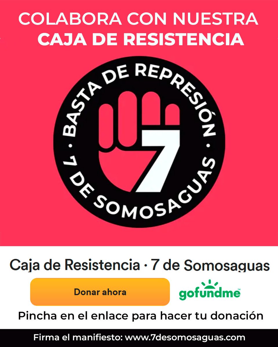 7deSomosaguas's tweet image. Las 7 de Somosaguas necesitamos vuestro apoyo. Para cubrir los gastos del proceso judicial y la campaña de solidaridad hemos lanzado una CAJA DE RESISTENCIA.
Toda aportación es imprescindible para nosotras. Haz tu donación y ayúdanos a difundir 👇🏼
gofundme.com/f/caja-de-resi…