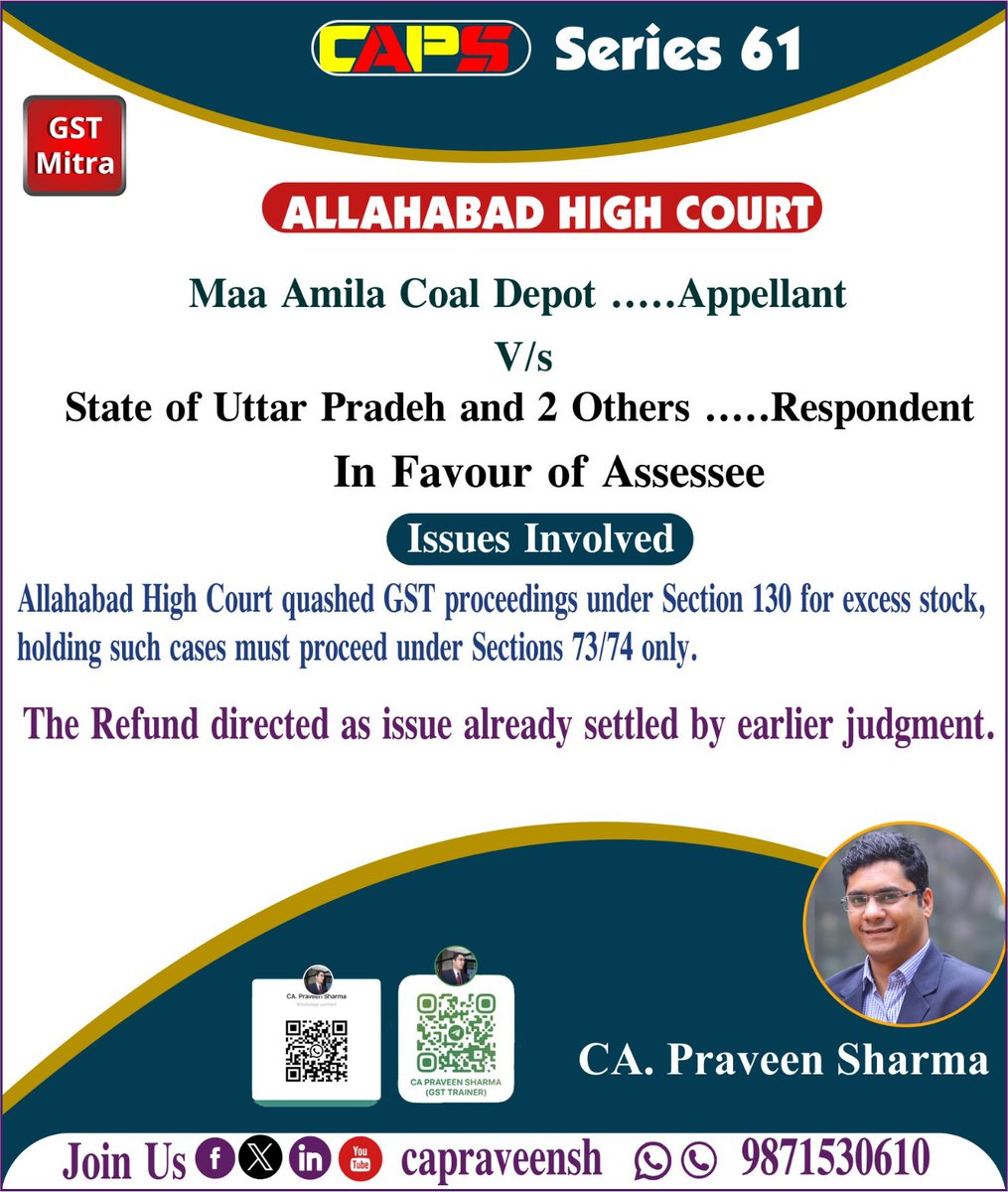 capraveensh's tweet image. 🔴 Allahabad HC: GST proceedings for excess stock cannot be initiated under Section 130—must follow Section 73/74. Refund allowed.
#GSTJudgment #Section130Quashed #GSTLitigation #CAPraveenSharma