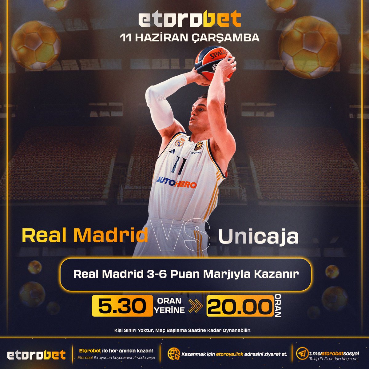 📣 Efsane Oran Etorobet'te!
🎯 Real Madrid Vs Unicaja Maçına özel sürpriz büyük oran fırsatı!
⚽️Real Madrid 3-6 Puan Marjıyla Kazanır veya daha fazla gol atar 20 ORAN !
👉 Hemen Katıl: etoroya.link