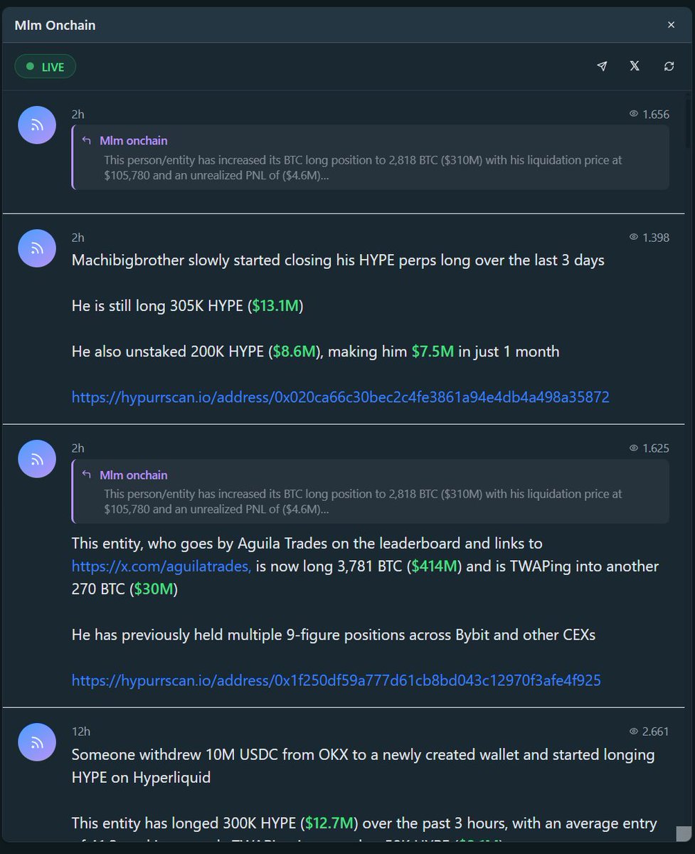 Just added a new on-chain news widget from <a href="/mlmabc/">MLM</a> to HyperModular:

🔔 Real-time whale activity
📈 Data-driven insights 

Big thanks to <a href="/mlmabc/">MLM</a>—join his Telegram for the freshest on-chain intel → t.me/mlmonchain 

Check it out live: hypermodular.xyz