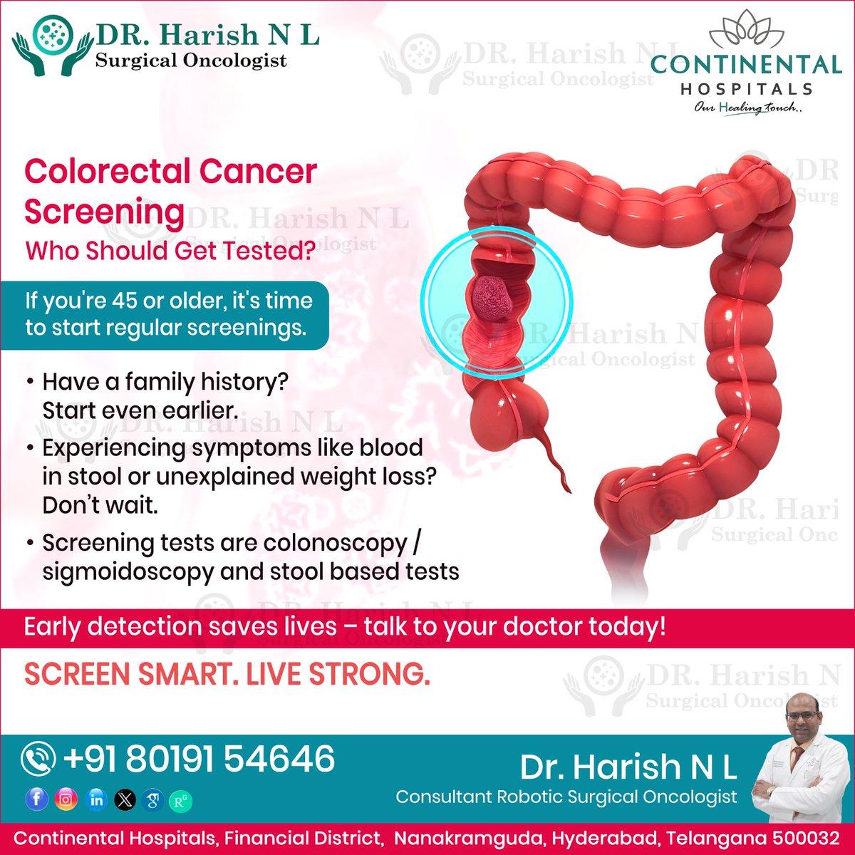 If you're 45+, it's time for colorectal cancer screening! Family history or symptoms? Start early. Early detection saves lives. Screen Smart. Live Strong. 💪🩺

#DrHarishNL #ContinentalHospital #HyderabadDoctors #RoboticSurgery #CancerAwareness #ColorectalCancer #CancerScreening