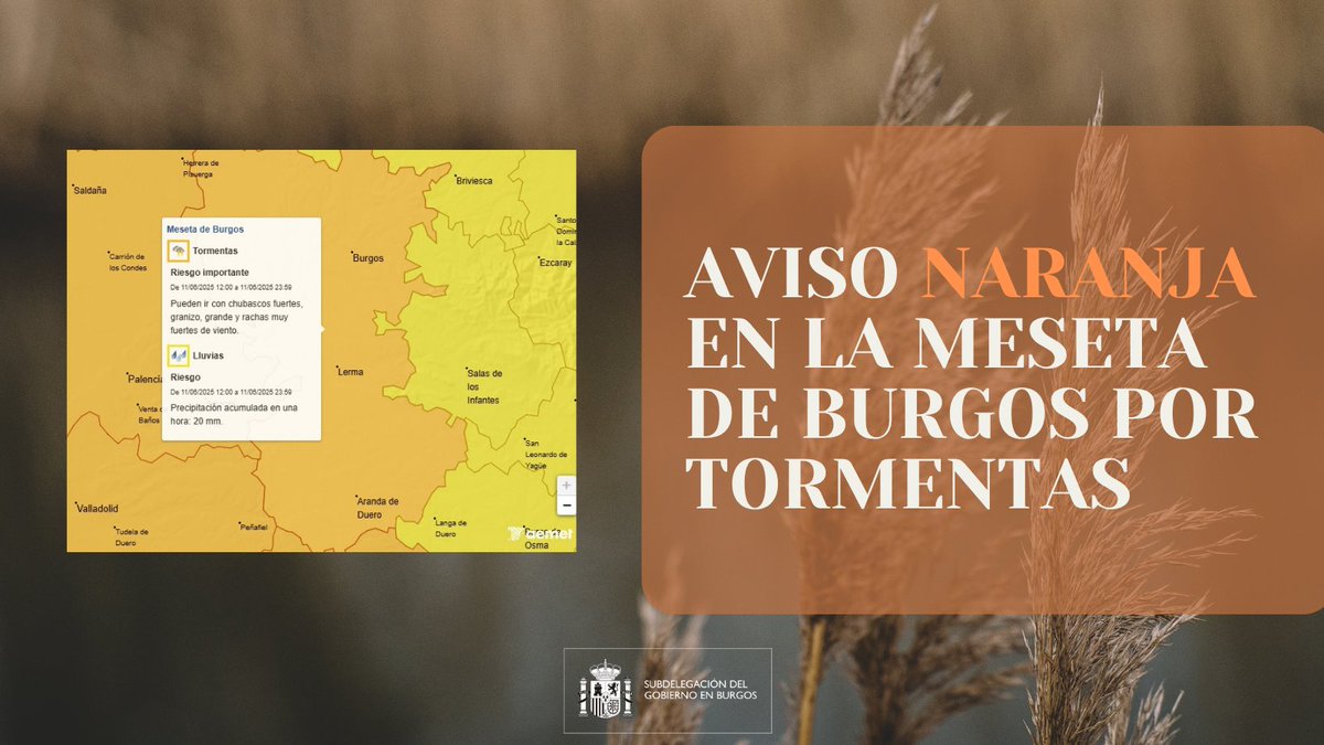 ⚠️ <a href="/AEMET_Esp/">AEMET</a> mantiene activa para hoy la alerta naranja 🟠 por fuertes lluvias y tormentas con posibilidad de granizo ⛈️⛈️en la Meseta de #Burgos y la alerta amarilla 🟡en el resto de la provincia

☔️ Riesgo de hasta 20 mm de precipitación acumulada en una hora