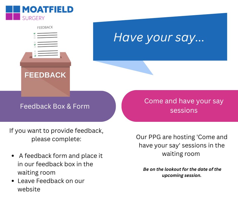 Your feedback is essential in helping us to enhance our services!
To submit feedback please complete the form on our website: moatfield.co.uk/leave-feedback
