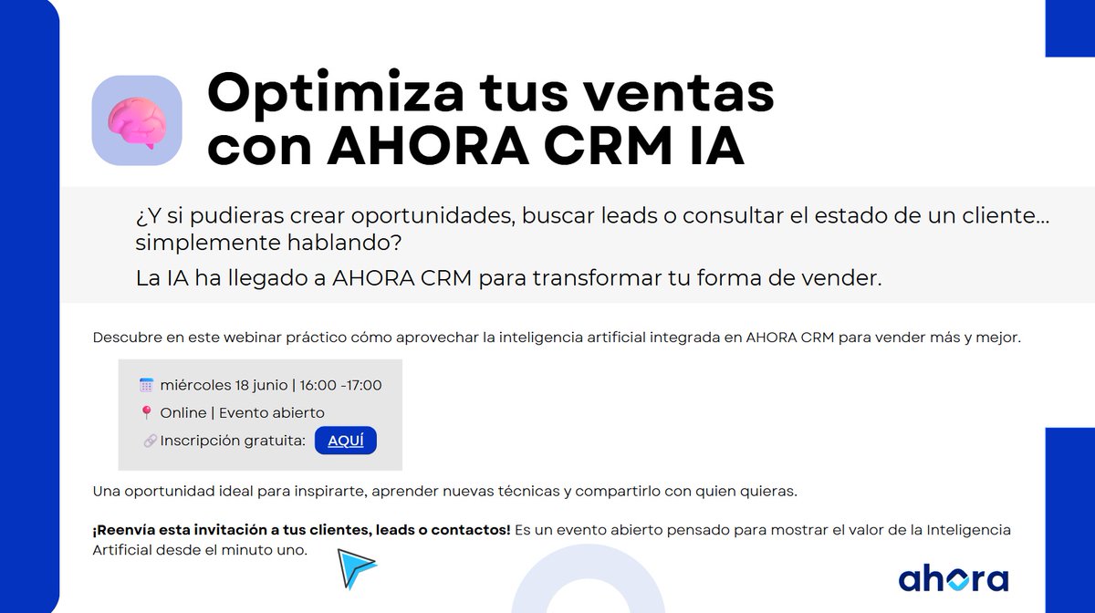 📢 Te invitamos a este #Webinar "Optimiza tus ventas con <a href="/AhoraFreeware/">AHORA</a> CRM IA" 👩‍💻 Una sesión pensada para mostrar cómo la IA ya está mejorando el trabajo diario de los equipos comerciales

📅  Miércoles 18 junio
 🕓 16:00 – 17:00h
✍️  Inscripciones: ahora.us8.list-manage.com/track/click?u=…