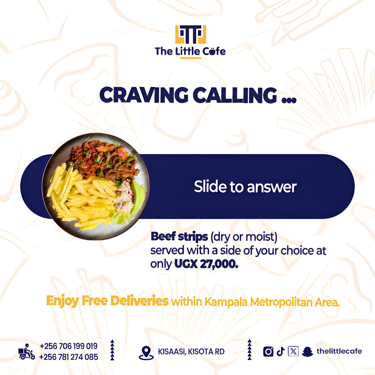 TheLittleCafe3's tweet image. Slide to answer your lunch craving’s call 📞😋

Your Beef Strips (Dry or Moist) are ready with a side of your choice for just 27,000 UGX

Free delivery within the Kampala Metropolitan Area 

#lunchtime #cravings #thelittlecafe #beefstrips