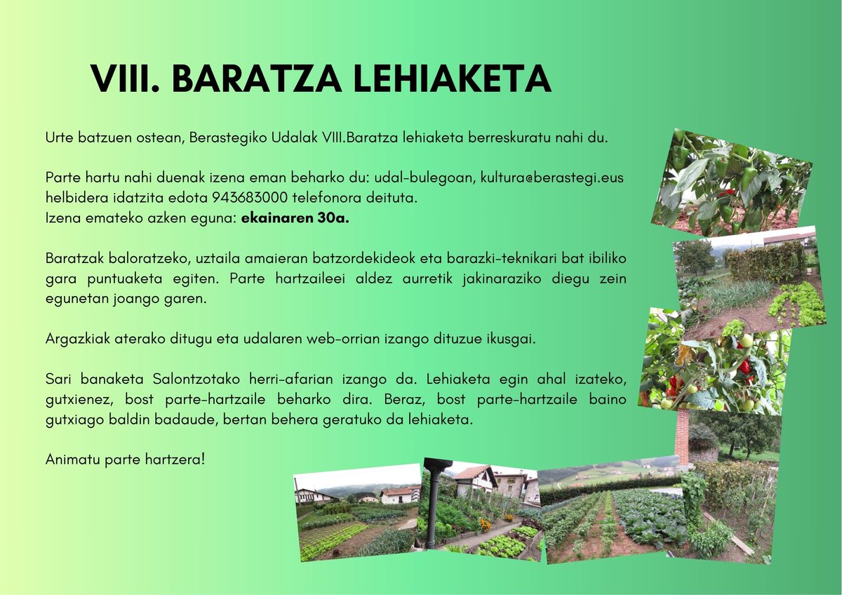 XII. Salontzotako kartel lehiaketa eta VIII. Baratza lehiaketa herrikoietan izena emateko epea zabaldu dugu.

Animatu parte hartzera!