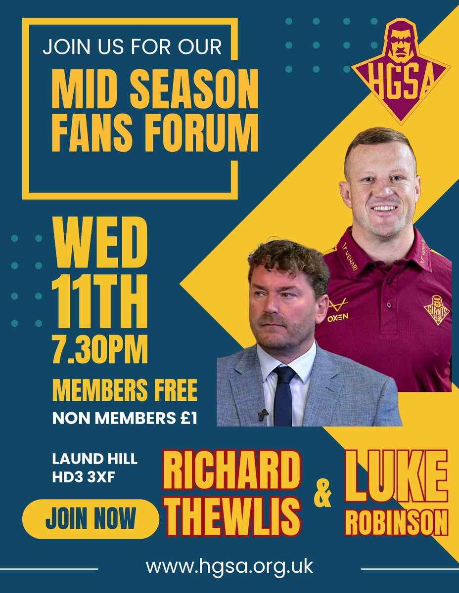 Huddersfield Giants Supporters Association (HGSA) (@hudgiantssa) on Twitter photo TONIGHT!!
who's joining us?
๐ค 7.30pm (doors 7pm)
๐ Laund Hill function room, HD3 3XF
๐ซ FREE for HGSA members, non members minimum ยฃ1 donation on the door
๐ฅช The Kitson Table open for chicken club sandwich and chips from 6.30pm
๐บ Bar open
A must for <a href="/Giantsrl/">Huddersfield Giants ๐ฎ๐</a> fans TONIGHT!!
who's joining us?
๐ค 7.30pm (doors 7pm)
๐ Laund Hill function room, HD3 3XF
๐ซ FREE for HGSA members, non members minimum ยฃ1 donation on the door
๐ฅช The Kitson Table open for chicken club sandwich and chips from 6.30pm
๐บ Bar open
A must for <a href="/Giantsrl/">Huddersfield Giants ๐ฎ๐</a> fans