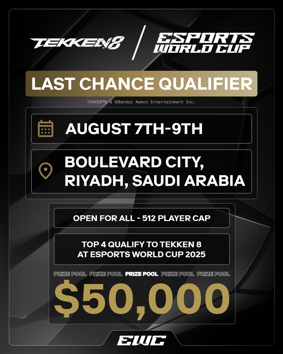 EWC_EN's tweet photo. Get ready for the ultimate Last Chance Qualifier!

Now it’s your chance to make it to TEKKEN8 at EWC 25 👊

Sign ups open on June 13th at 1:00 PM CEST. https://t.co/z7KmgXmOe7