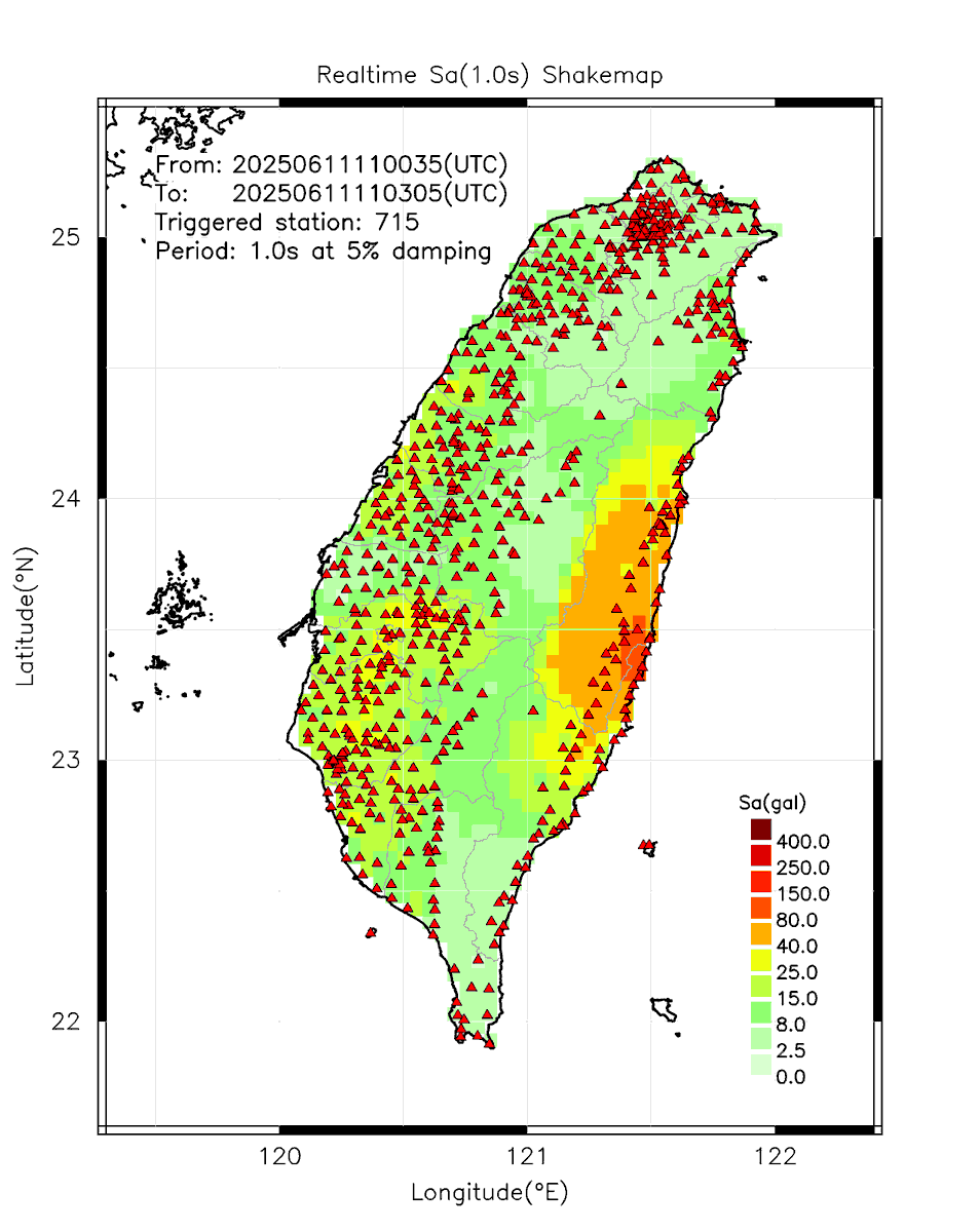 eew_p's tweet photo. Automatically Plotted Shakemaps:
* 2025-06-11 19:03:05 (UTC+08:00, Taipei)
* Evt. 20250611190035, 2.5m30s after trig.
* Total 715 triggered stations

Note: These shakemaps are not yet confirmed, for reference only!
#地震 #台灣 #earthquake #Taiwan https://t.co/VLiscJjRLf
