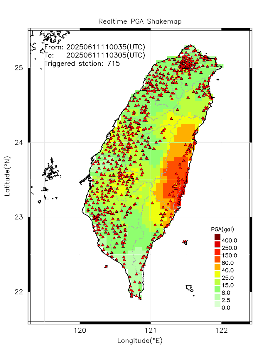 eew_p's tweet photo. Automatically Plotted Shakemaps:
* 2025-06-11 19:03:05 (UTC+08:00, Taipei)
* Evt. 20250611190035, 2.5m30s after trig.
* Total 715 triggered stations

Note: These shakemaps are not yet confirmed, for reference only!
#地震 #台灣 #earthquake #Taiwan https://t.co/VLiscJjRLf