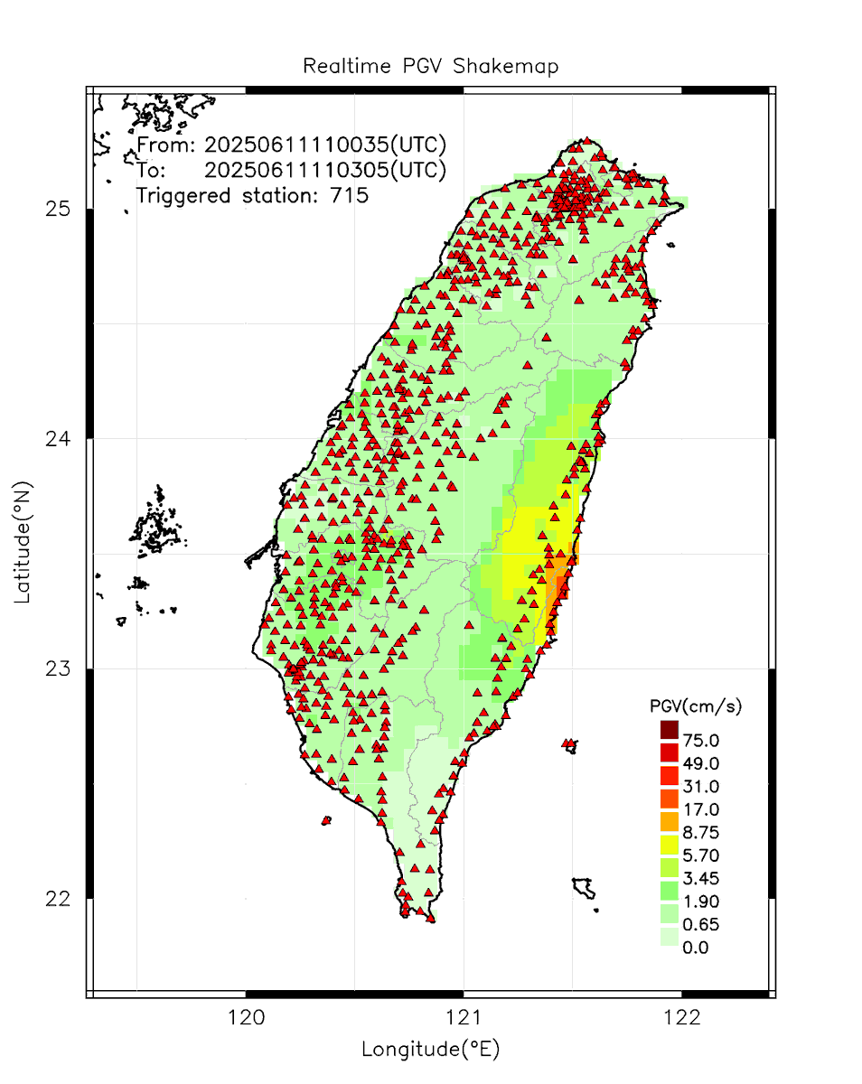 eew_p's tweet photo. Automatically Plotted Shakemaps:
* 2025-06-11 19:03:05 (UTC+08:00, Taipei)
* Evt. 20250611190035, 2.5m30s after trig.
* Total 715 triggered stations

Note: These shakemaps are not yet confirmed, for reference only!
#地震 #台灣 #earthquake #Taiwan https://t.co/VLiscJjRLf