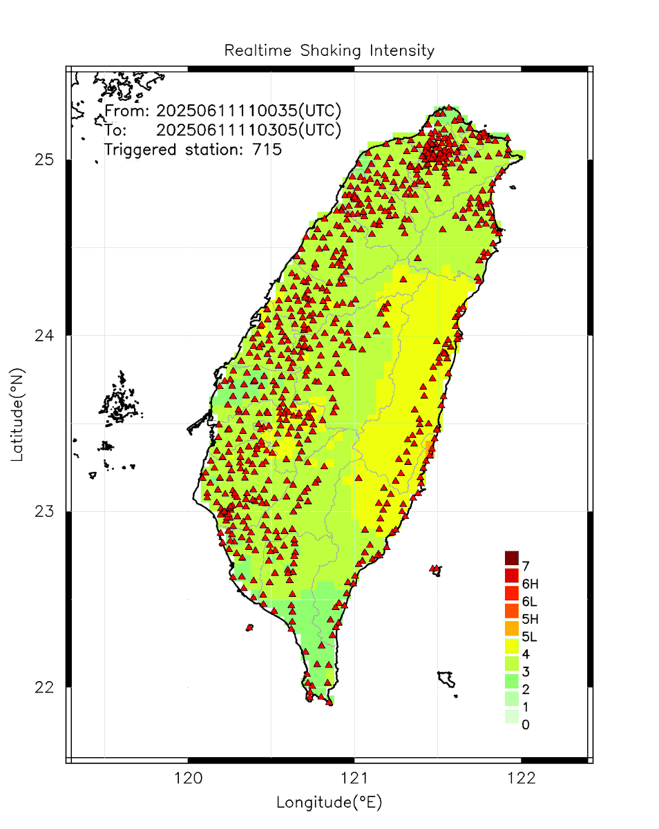 eew_p's tweet photo. Automatically Plotted Shakemaps:
* 2025-06-11 19:03:05 (UTC+08:00, Taipei)
* Evt. 20250611190035, 2.5m30s after trig.
* Total 715 triggered stations

Note: These shakemaps are not yet confirmed, for reference only!
#地震 #台灣 #earthquake #Taiwan https://t.co/VLiscJjRLf