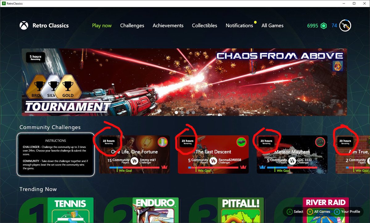 CargoRunner's tweet image. #XboxRetroClassics had one good feature &quot;Community Challenges&quot;. They listed the ones about to finish &amp;amp; was constantly changing. You could play new challenges for hours. Now it is totally broken. It lists ones with &amp;gt;22 hours left &amp;amp; hardly changes so you can&apos;t find anything to play