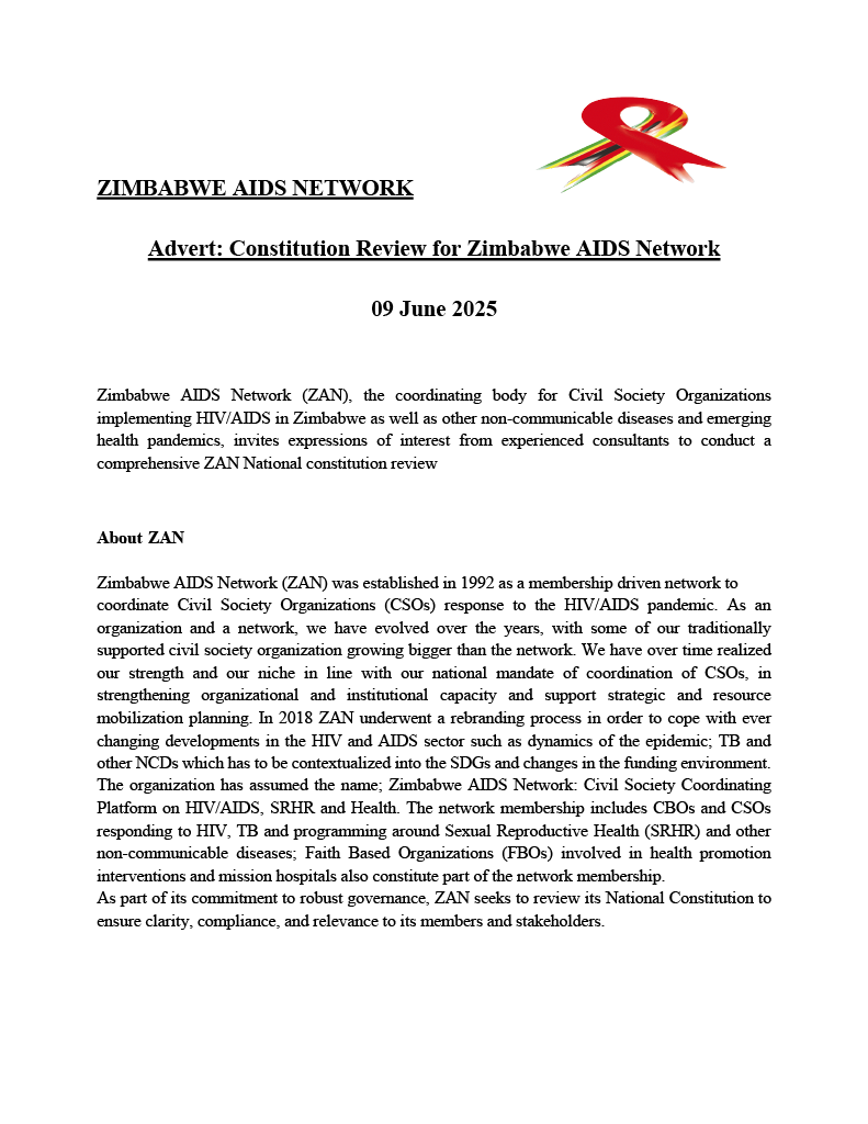 zimaidsnet's tweet photo. Calling All Governance Experts! 💼
Zimbabwe AIDS Network (ZAN) is seeking a consultant to review its Constitution. If you have experience in CSO governance and HIV/SRHR sectors, this opportunity is for YOU!
🔍 Learn more and apply today!

 #ZAN #ZimbabweAIDSNetwork https://t.co/zlIA5vSkyZ