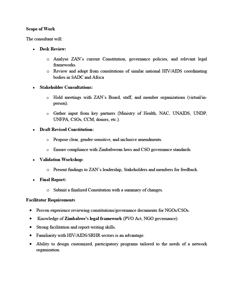 zimaidsnet's tweet photo. Calling All Governance Experts! 💼
Zimbabwe AIDS Network (ZAN) is seeking a consultant to review its Constitution. If you have experience in CSO governance and HIV/SRHR sectors, this opportunity is for YOU!
🔍 Learn more and apply today!

 #ZAN #ZimbabweAIDSNetwork https://t.co/zlIA5vSkyZ