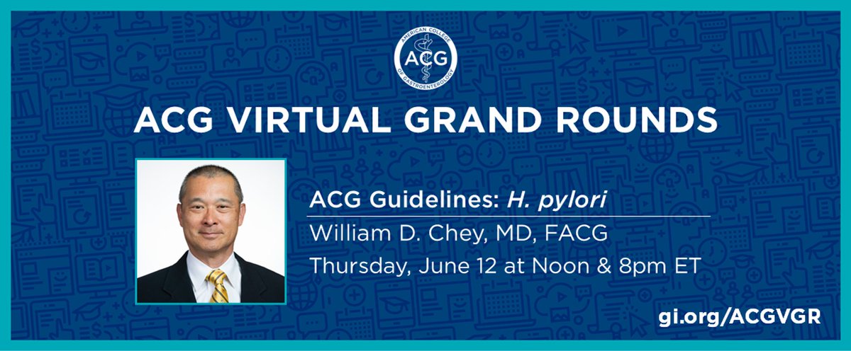 ACG (@amcollegegastro) on Twitter photo ACG Virtual Grand Rounds — ACG Guidelines: H. pylori
William D. Chey, MD, FACG
Thursday, June 12 at Noon & 8pm ET
➡️ gi.org/ACGVGR
<a href="/umfoodoc/">William Chey</a> ACG Virtual Grand Rounds — ACG Guidelines: H. pylori
William D. Chey, MD, FACG
Thursday, June 12 at Noon & 8pm ET
➡️ gi.org/ACGVGR
<a href="/umfoodoc/">William Chey</a>