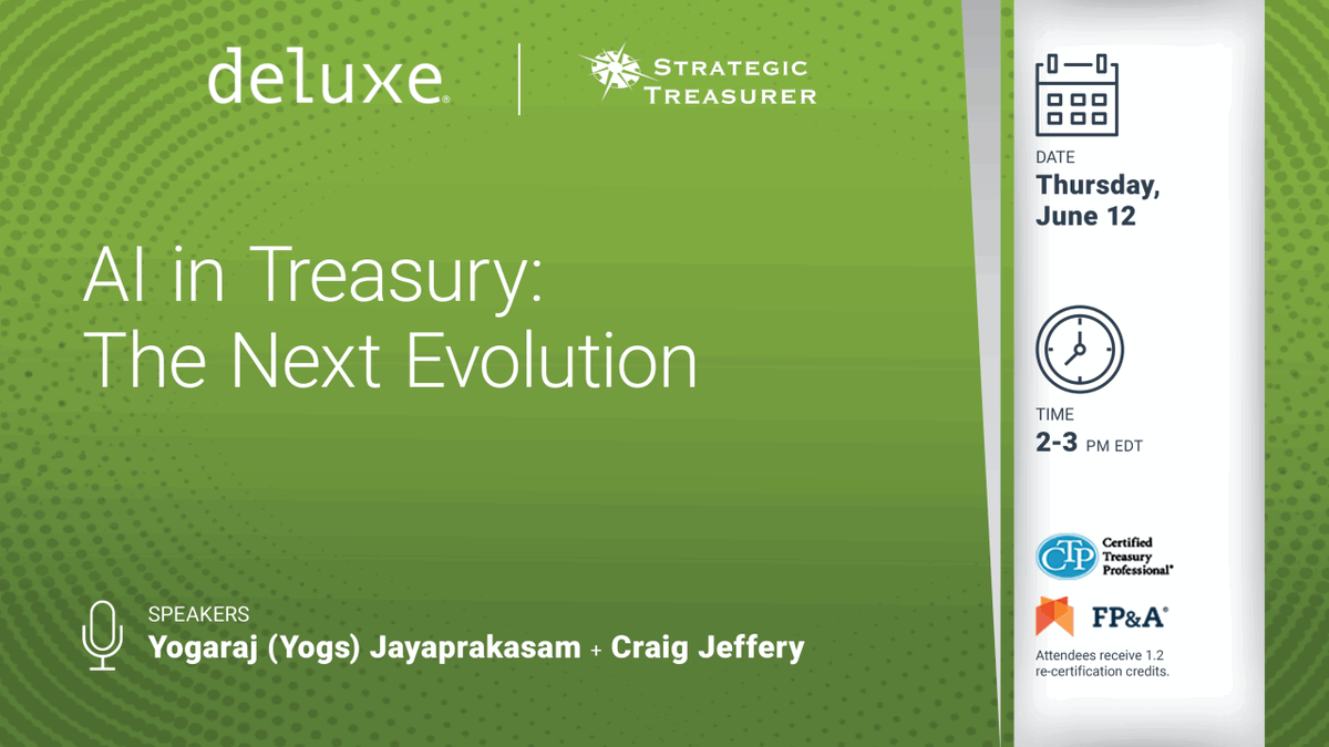 Join Craig Jeffery (Strategic Treasurer) &amp; Yogaraj Jayaprakasam (Deluxe) tomorrow as they explore AI trends, real-world use cases &amp; how GenAI is transforming AP, AR &amp; cash apps.

📍Register now!  strategictreasurer.com/webinar-ai-in-…