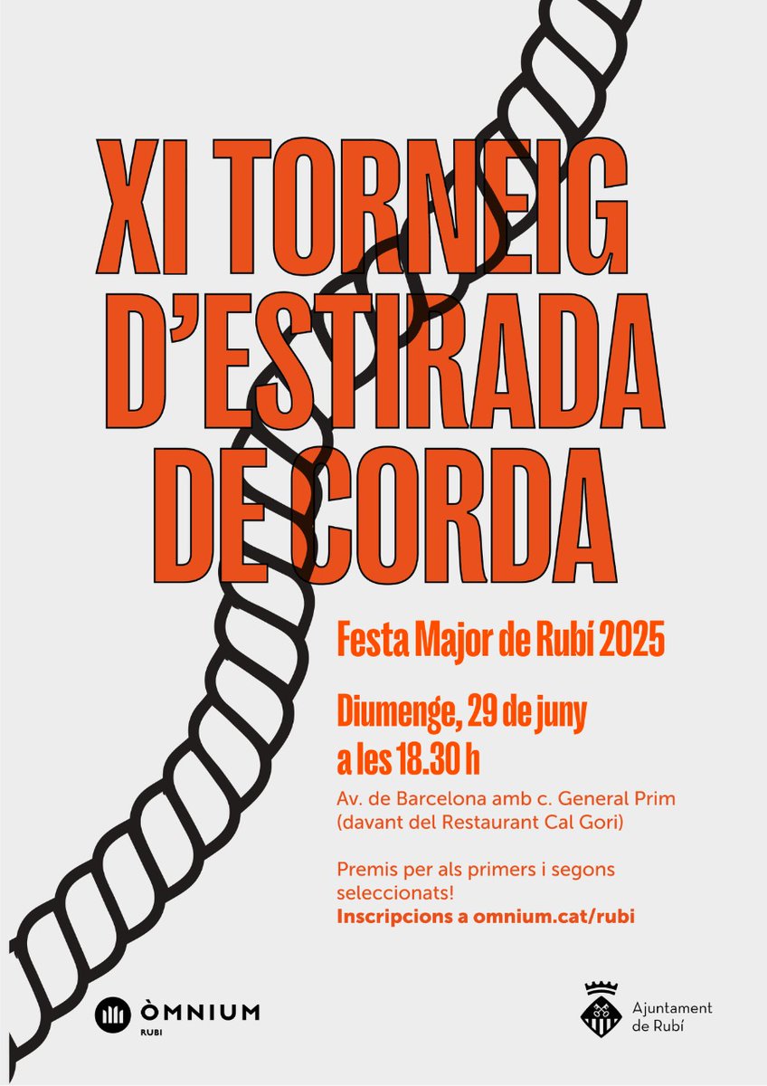 🪢 Arriba el torneig d’estirada de corda per la Festa Major! 
Hi pot participar tothom a partir dels 6 anys en equips de 5 persones, que es dividiran en 4 categories per edats. Hi haurà premis per als guanyadors!

📝 Inscripcions i bases: omnium.cat/ca/activitat/p…