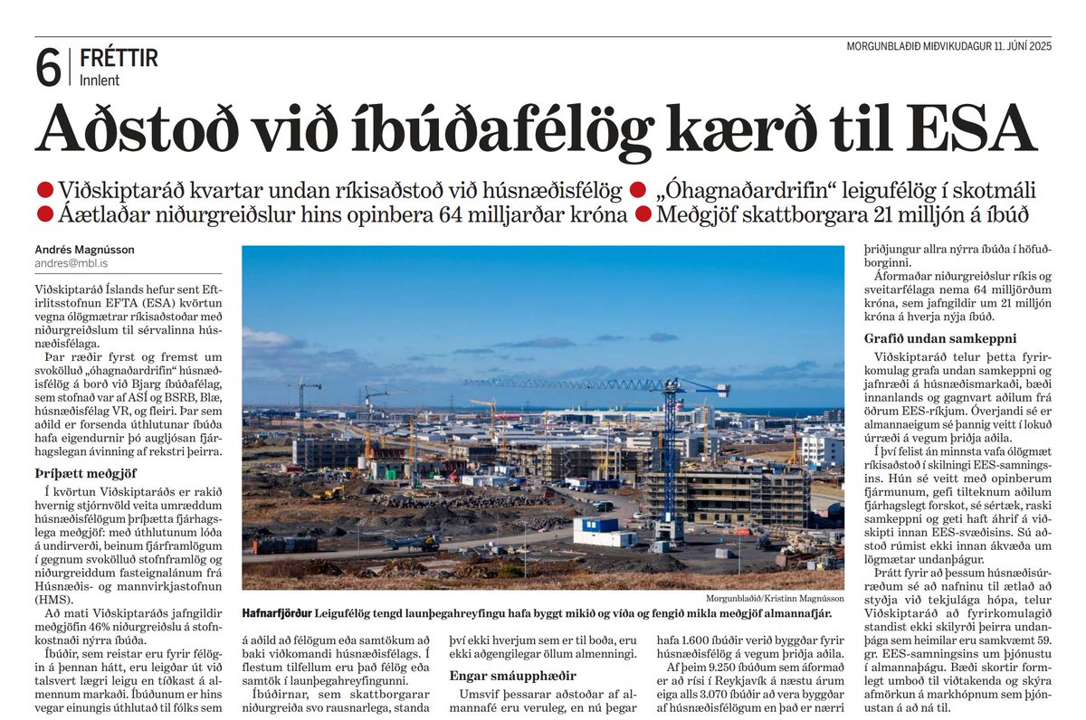 🏠Viðskiptaráð hefur sent kvörtun til ESA vegna þríþætts stuðnings hins opinbera við svokölluð húsnæðisfélög. Að okkar mati brjóta stofnframlög, lóðameðgjafir og niðurgreidd lán gegn ákvæðum EES-samningsins um ólögmæta ríkisaðstoð.