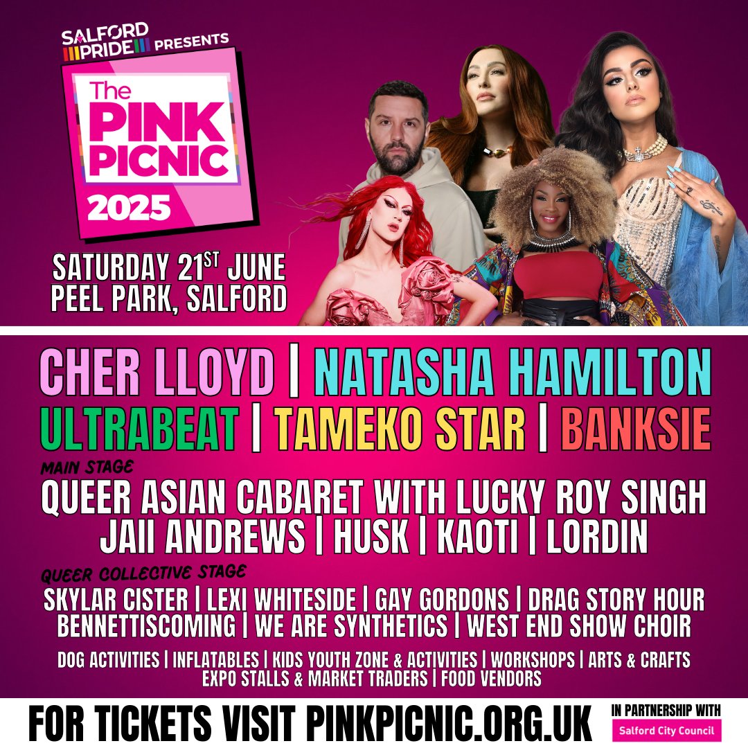 Salford Pride presents The Pink Picnic at our own Peel Park on Saturday, 21st June🎤🏳️‍🌈 Join Cher Lloyd and Natasha Hamilton at Salford's annual Lesbian, Gay, Bisexual, Trans, and Non-binary pride celebration. Find out more and get your tickets: pinkpicnic.org.uk