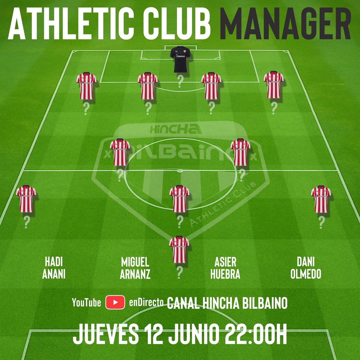 📅 Jueves 12 Jn. (22:00 h.)

🇦🇹 Especial "Athletic Club manager" 🇦🇹

Por una noche nuestros invitados simularán ser los gestores deportivos del Athletic Club

💻 YouTube canal Hincha Bilbaino

👥 Invitados: <a href="/Hadi_Anani/">Hadi</a>, #MiguelArnanz, <a href="/asierhuebra/">Asier Huebra Aguinaga</a> y <a href="/DanielOlme8/">Daniel Olmedo</a>

👉🏻 ¡A jugar!