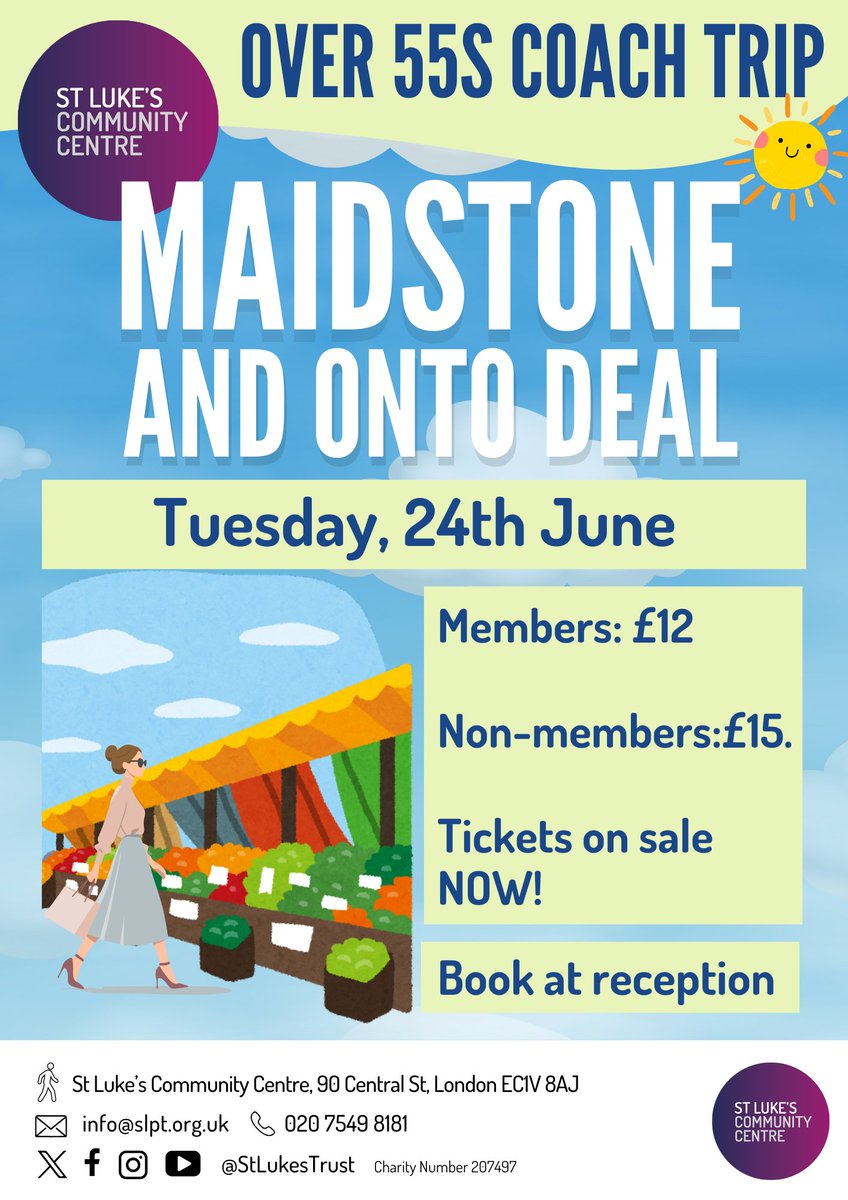 StLukesTrust's tweet image. 🚌Our Over 55's Coach Trip is coming soon! Don't miss out!🌞

Tuesday 24th June we're off to Maidstone and onto Deal for markets and the beach! If you are interested, please book at reception. Tickets are running out fast, so don't miss out on a lovely seaside break!🏖️#daytrip