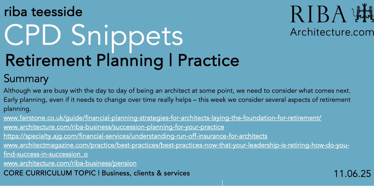 RIBA Tees (@ribatees) on Twitter photo #CPDSnippets looks at #Retirement planning
links
fairstone.co.uk/guide/financia…
architecture.com/riba-business/…
specialty.ajg.com/financial-serv…
architectmagazine.com/practice/best-…
architecture.com/riba-business/…
<a href="/RIBANorthEast/">RIBA North East</a> <a href="/RIBANorthEast/">RIBA North East</a> <a href="/RIBANorth/">RIBA North</a> <a href="/RIBA_YAPF/">YAPF</a> #architect #architecture #CPDSnippets looks at #Retirement planning
links
fairstone.co.uk/guide/financia…
architecture.com/riba-business/…
specialty.ajg.com/financial-serv…
architectmagazine.com/practice/best-…
architecture.com/riba-business/…
<a href="/RIBANorthEast/">RIBA North East</a> <a href="/RIBANorthEast/">RIBA North East</a> <a href="/RIBANorth/">RIBA North</a> <a href="/RIBA_YAPF/">YAPF</a> #architect #architecture