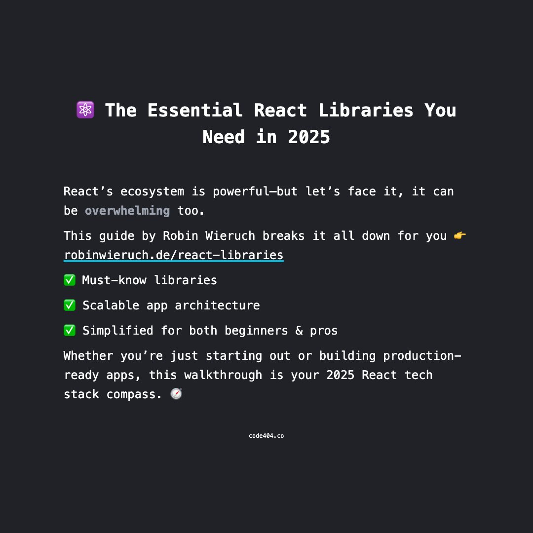 code404_co's tweet image. ⚛️ The Essential React Libraries You Need in 2025
React’s ecosystem is powerful—but let’s face it, it can be overwhelming too.
This guide by Robin Wieruch breaks it all down for you 👉 robinwieruch.de/react-libraries
#ReactJS #ReactEcosystem #WebDevelopment #FrontendDev